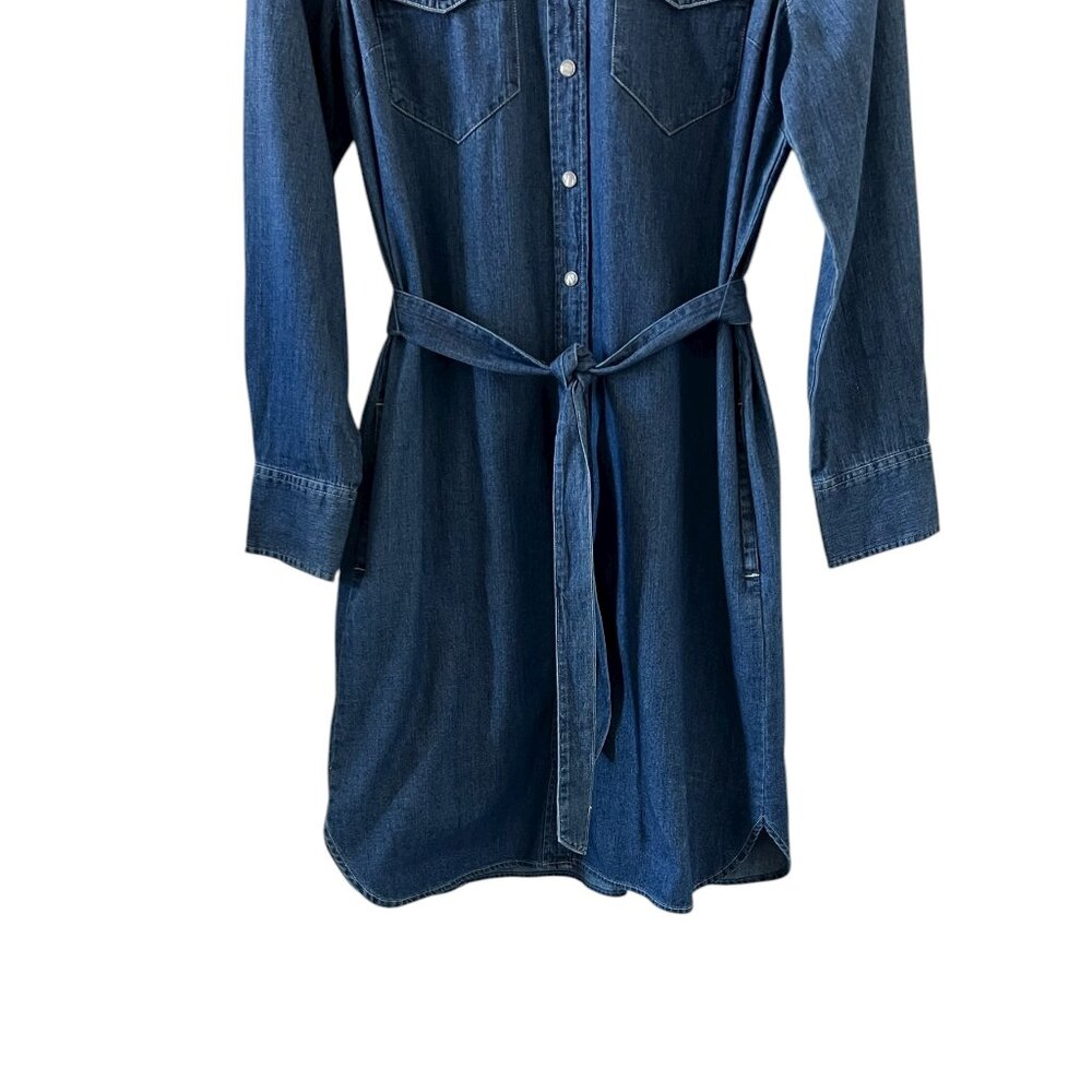 J Crew Denim Pearl Snap Western Style Shirtdress With Tie Belt Size 6 - Picture 7 of 14